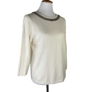 Talbots Pullover Beaded Neck Sweater Wool Cashmere 3/4 Sleeve Ivory Large Petite